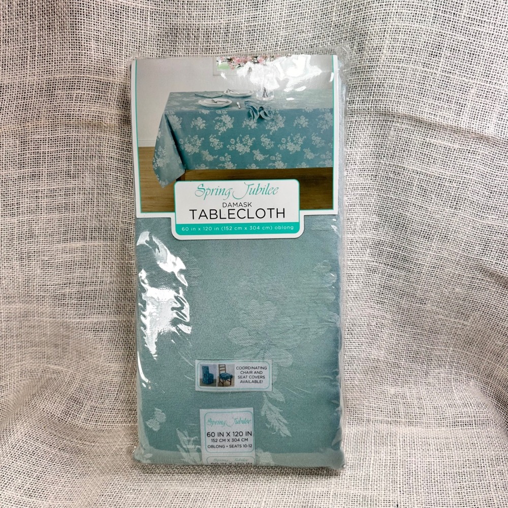 Spring Jubilee Damask Tablecloth Mist Teal  Blue Floral Oblong 60x84 New